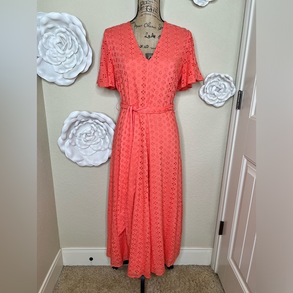Preston & York Short Sleeve Coral Eyelet Maxi Length Belted Dress Size 8